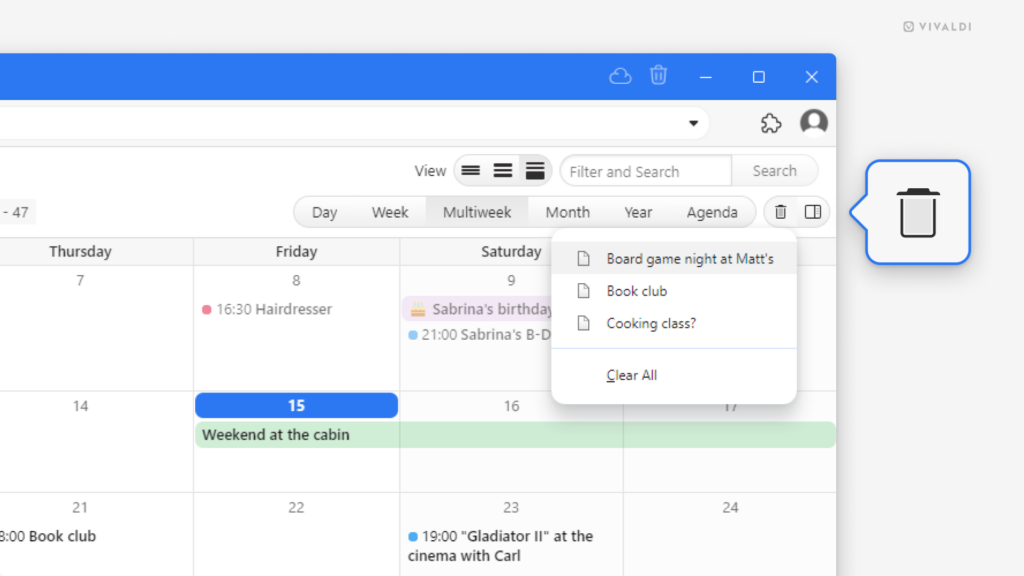 Trashed events menu open in Vivaldi browser's Calendar.
A larger trash icon is displayed on the side of the browser window to show what the button looks like and where to find it.