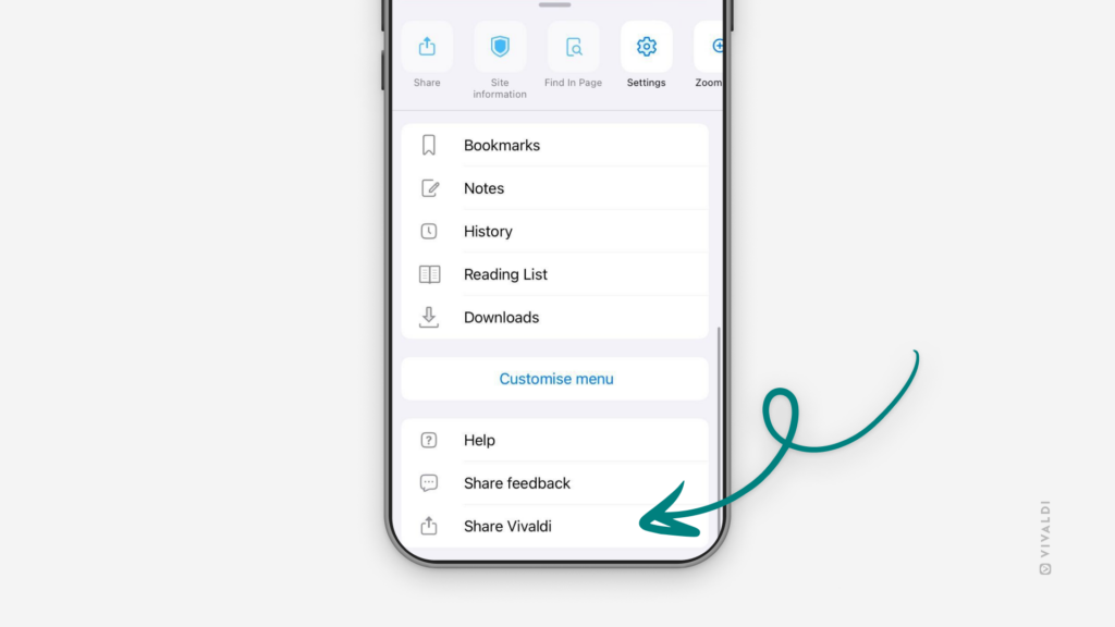 iOS 版 Vivaldi ブラウザでブラウザのメインメニューが開いていて、矢印が「Vivaldi を共有」オプションを指している