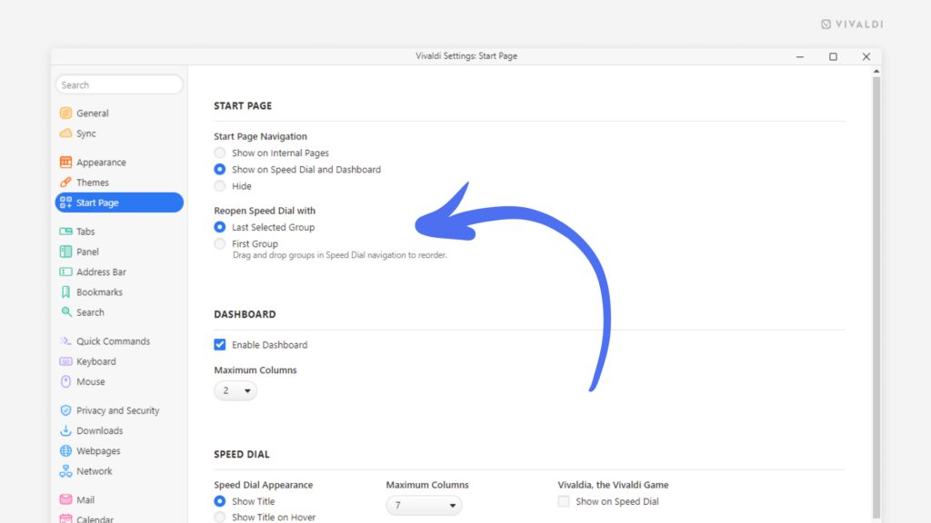 Start Page settings. Arrow pointing at "Reopen Speed Dial with".