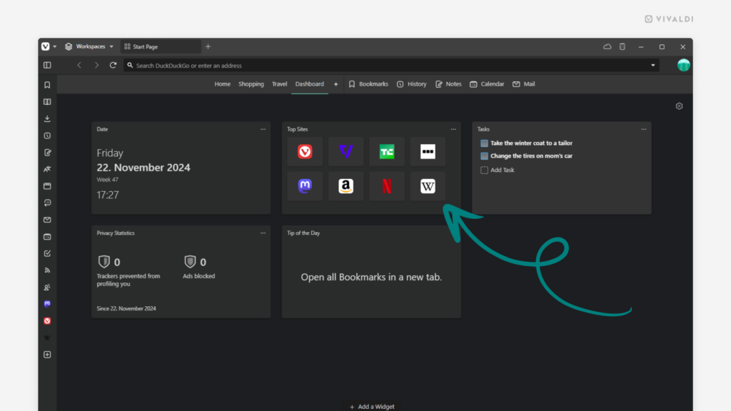 Vivaldi browser's Dashboard. An arrow points at the Top Sites widget.