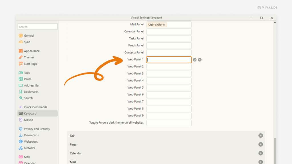 Keyboard Shortcuts Settings. Arrow pointing at a focused "Web Panel 1" entry. 