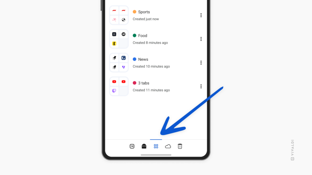 Vivaldi on Android's Tab Switcher open on the Tab Stacks pane. An arrow is pointing at the Tab Stack pane's button on the bottom menu.