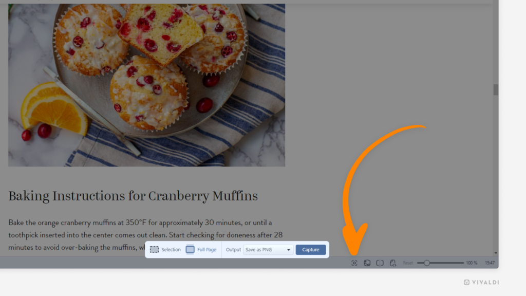 A recipe from Tatyana’s Everyday Food open in Vivaldi browser. Screen capture tool has been activated and an arrow is pointing at the Capture Page button on the Status Bar.