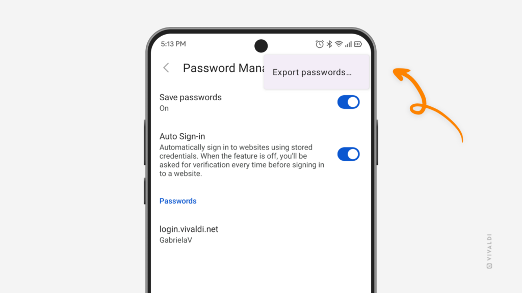 Password Manager in Vivaldi on Android's Settings. An arrow is pointing at "Export Passwords" option.