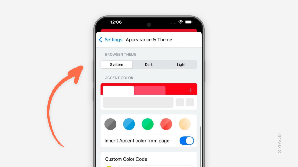 Browser theme settings in Vivaldi on iOS.