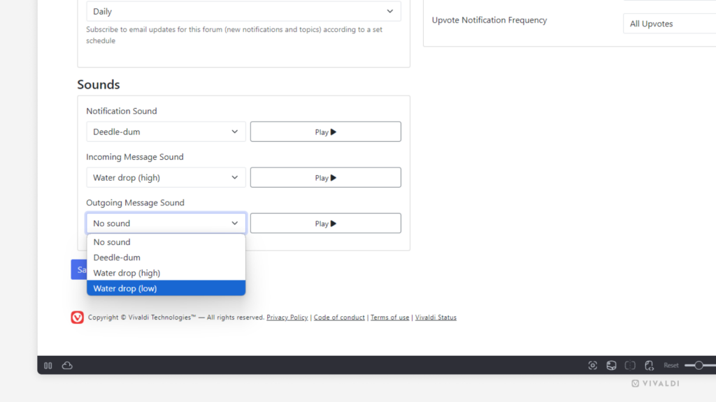 Vivaldi Forum's Settings page zoomed in on the Sound settings section.