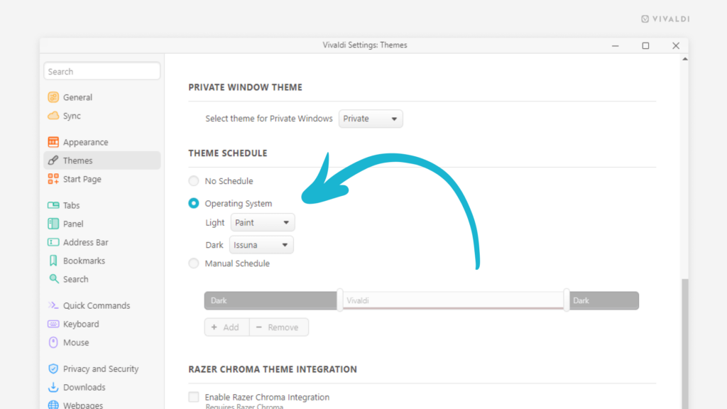 Theme Settings in Vivaldi browser. An arrow is pointing at the Theme Schedule section.