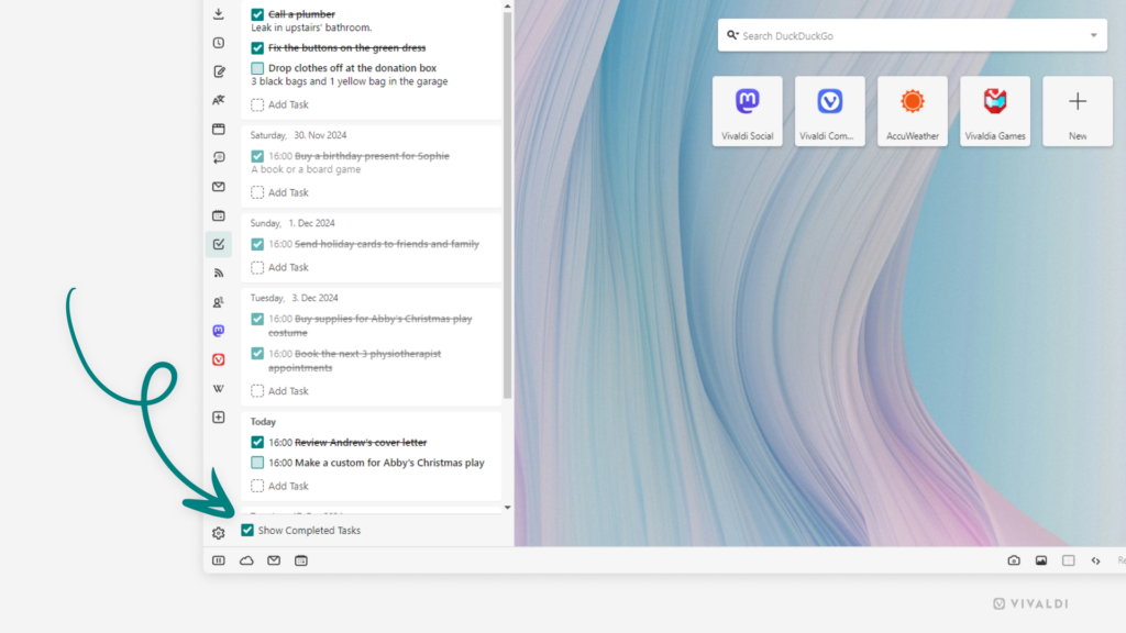 Vivaldi's Task Panel with some open tasks and many completed tasks. An arrow is pointing at the checkbox to toggle the visibility of completed tasks. 