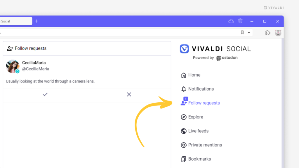  Vivaldi Social のフォローリクエストページに保留中のリクエストが１件表示されています。