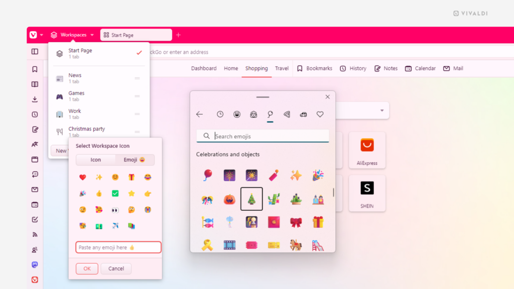 Vivaldi browser's Workspaces menu and one of the Workspaces icon picker menu are open in the top left corner of the browser window. The OS' emoji picker is open on the side.